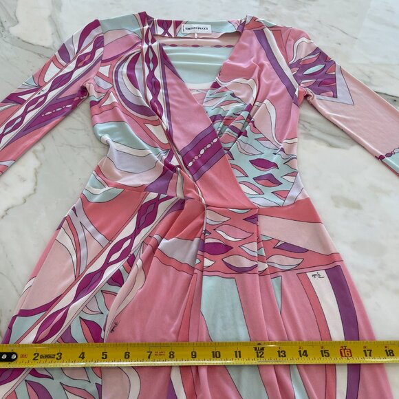 EMILIO PUCCI PINK MULTI FAUX WRAP BELTED DRESS SIZE IT 42 / US 8 - Picture 10 of 14